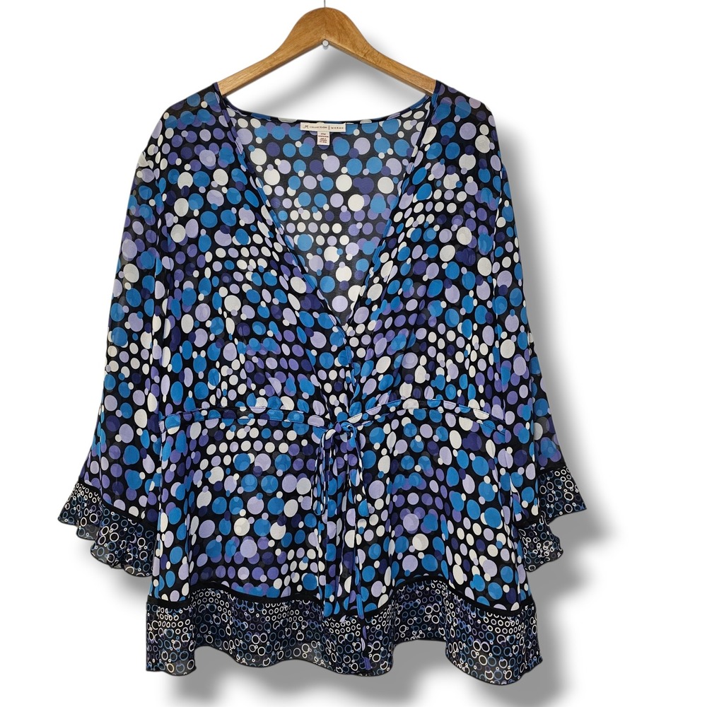 JM Collection Top 20W Womens Blue Polka Dot Empire Waist Tie Bell Sleeve Whimsy